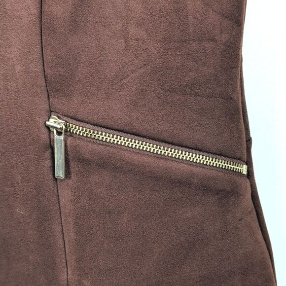 Ann Taylor Faux Suede Brown Sleeveless Dress Gold Zipper Pockets Size 14P - Picture 6 of 10